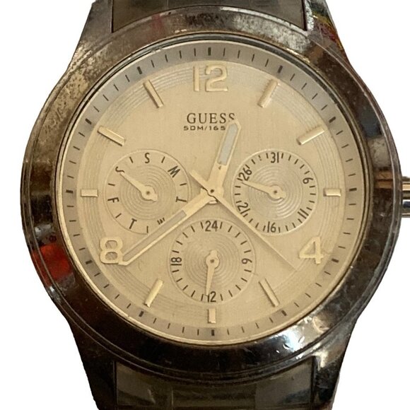 Guess Mens Watch Water Resistant Stainless Steel Clear Band Works New Battery - Picture 3 of 14